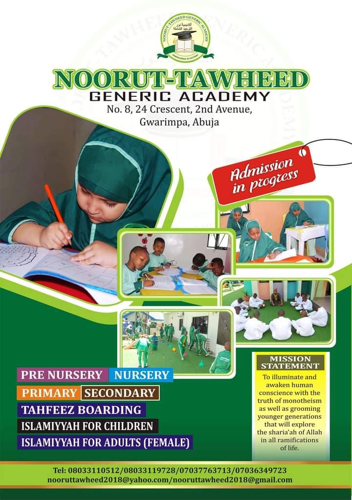 Noorut-Tawheed Generic Academy prospectus flyer with admissions information